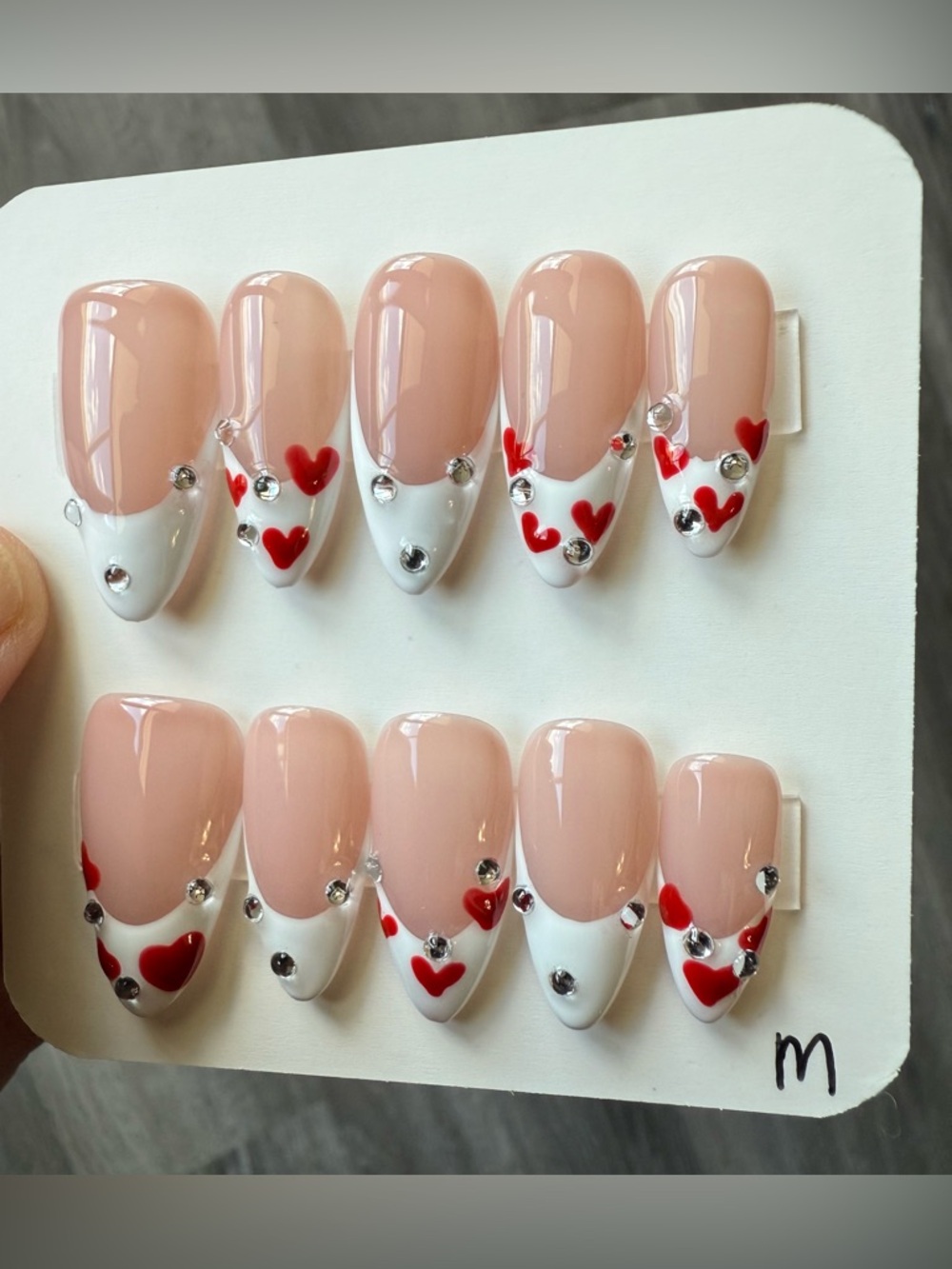 Nude & White Heart French Press-On Nails with Red Hearts and Rhinestones - Picture 2 of 2